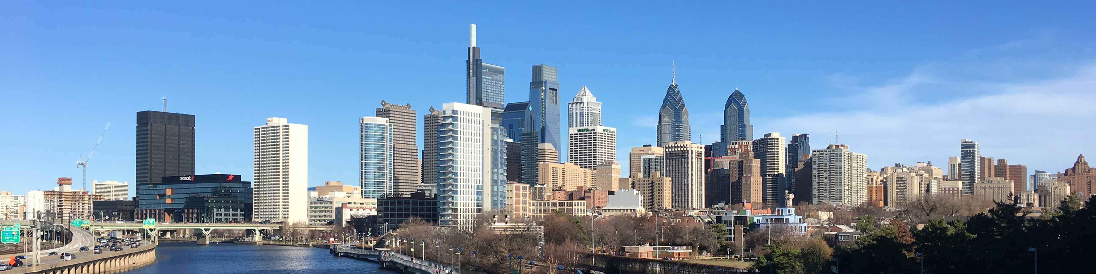The skyline of Philadelphia, Pennsylvania viewed from the South Street Bridge over the Schuylkill River